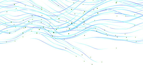 Abstract blue lines and green dots on a white background, creating a light and airy design. Perfect...
