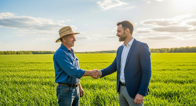 Business partners handshake in green wheat field at sunset collaboration success