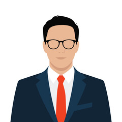 Confident businessman in formal attire posing professionally with glasses red tie and blue suit against a clean white background