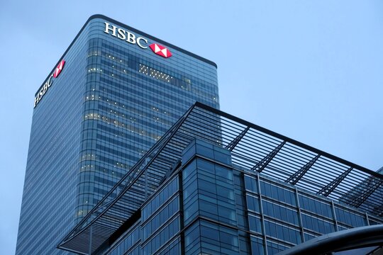 View of HSBC's global headquarters found at 8 Canada Square in Canary Wharf on the Isle of Dogs in East London