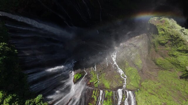 Top Down Drone Shot of Tumpak Sewu Waterfall and Cliff Amphitheater