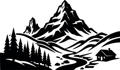 Fototapeta premium Silhouette vector mountain landscape with pine trees river cabin low angle composition black and white minimalist vintage iconic