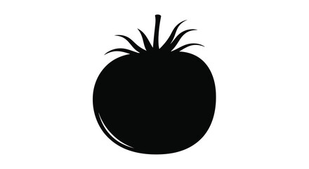 A stark black silhouette of a ripe tomato featuring stylized leaves provides a simple botanical illustration silhouette high quality