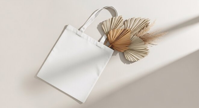 A white fabric shopping bag on a beige background decorated with dried palm leaves and hard shadows.