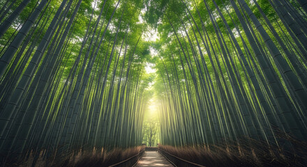 Fototapeta premium Serene Bamboo Forest Path Illuminated by Gentle Sunlight, A Tranquil Nature Scene
