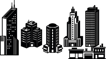 Obraz premium Minimalist vector city skyline with five distinct skyscraper icons front view black and white low angle facades