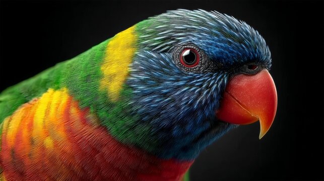 Colorful lorikeet parrot with vibrant green, blue, yellow, and red feathers, showcasing intricate details of plumage against a dark background