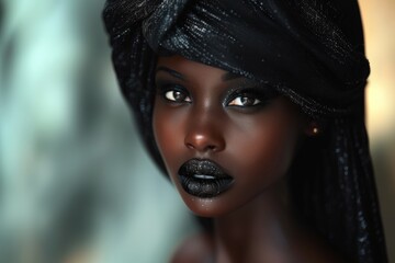 A woman with dark skin and black hair wears a headscarf, captured in a close-up portrait with a blurred green background.