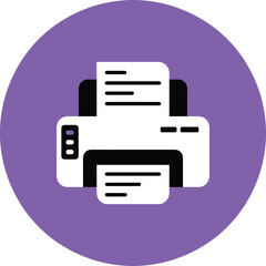 Modern printer icon with paper sheets emerging on a vibrant purple circular background for office technology