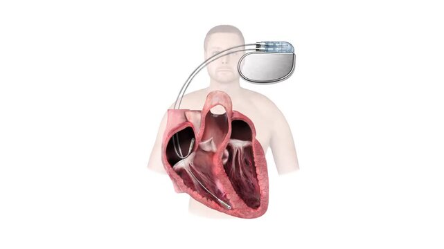 Postoperative Cardiac Pacemaker Placement with Detailed Heart Cross Section and Transvenous Leads Visualization 3d