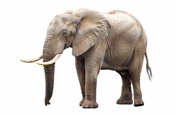 A single African elephant is presented against a white background, displaying its tusks and relaxed posture.