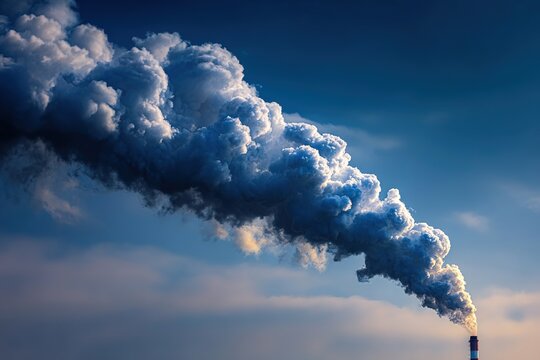 Industrial smokestack emitting thick white smoke against a blue sky, showcasing environmental impact and air pollution in an urban setting