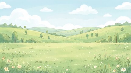 Cartoon landscape with rolling green hills scattered trees and a vibrant wildflower meadow under a blue sky with clouds