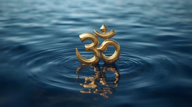 A golden Om symbol floats serenely on deep blue, rippling water. The metallic texture catches the light, casting a soft reflection on the surface amidst a blurred, tranquil background.