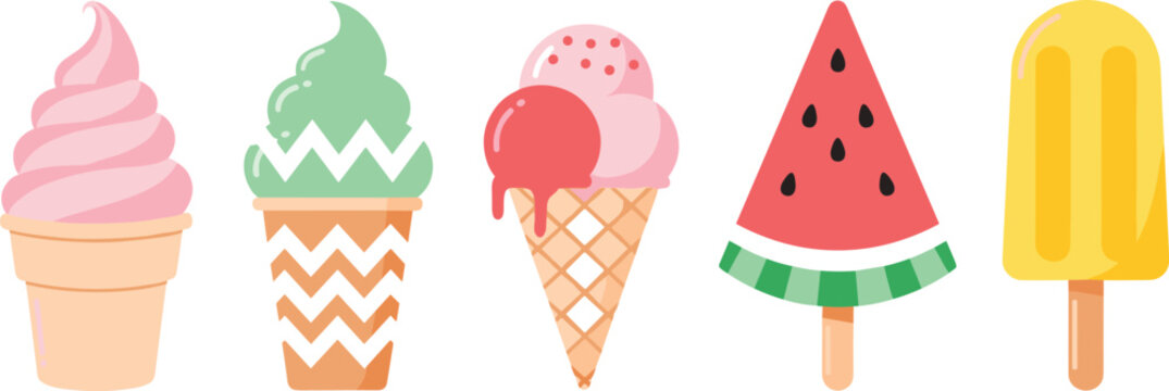 Colorful Ice Cream and Popsicle Vector Set with Soft Serve, Waffle Cone and Watermelon Frozen Treat Illustration