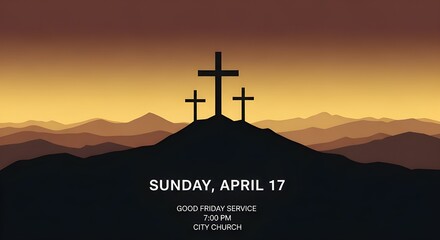 Good Friday service announcement with crosses at sunset