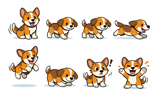 Corgi dog cartoon character set with various poses and emotions