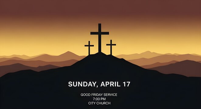 Good Friday service announcement with crosses at sunset