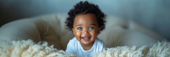 A young child with curly hair observes a textured surface with a look of interest and wonder.