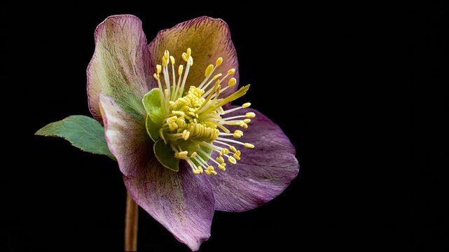 A close-up shot of a hellebore flower, showcasing its intricate petals and stamen on black