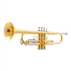 Obraz premium Brightly Polished Trumpet Instrument with Three Valves Perfect for Music Enthusiasts and Performers in a Studio Setting