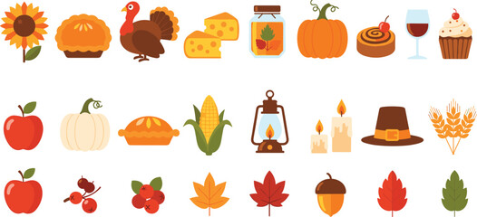 Thanksgiving Autumn Harvest Vector Set with Turkey, Pumpkin, Pie, Apples, Leaves and Festive Fall Elements © MdJillur