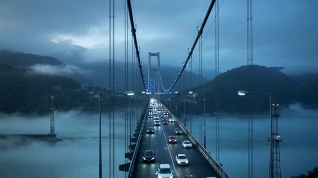 A busy suspension bridge stretches across a body of water with mountains on a cloudy day with video-60e4e61e.mp4 reference