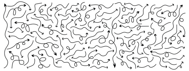 Obraz premium Various black brush drawn curved arrows. Collection doodle marker thick arrows in different directions.,Black pencil arrow, Grunge rough direction shape for design. Vector brush strokes