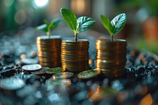 Three golden coins are surrounded by green leaves and scattered coins on a surface.