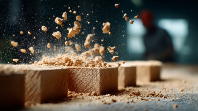 Wood shavings and dust flying from freshly cut wooden blocks in a workshop, with a blurred figure of a carpenter working in the background