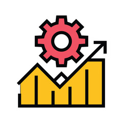 Red gear symbol and upward arrow on yellow bar graph symbolizing growth and progress in business strategy