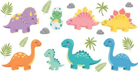 Cute Cartoon Dinosaurs Vector Set with Baby Dino, Egg, Palm Trees and Prehistoric Jungle Elements Illustration © MdJillur