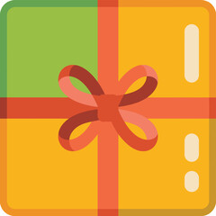 Colorful gift box wrapped with red ribbon and bow on vibrant green and yellow background for celebration or festive event