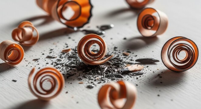 Minimalist composition of pencil shavings and graphite powder on a light grey surface with soft shadows
