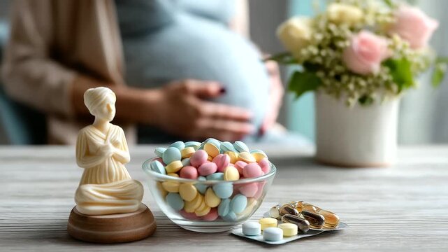 Pregnancy nutritional needs illustration, defocused prenatal supplements background, extra folic acid iron calcium and protein, supporting maternal health and baby's growth, with