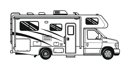 Black and white line drawing of a recreational vehicle also known as an rv or camper