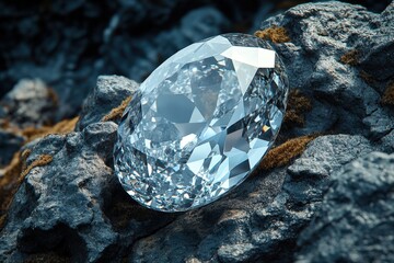 A large diamond is placed upon a textured surface covered in yellowish-brown moss, evoking a natural outdoor environment.
