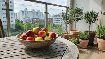 Mini Apples In Rustic Bowl On Balcony With Urban Background