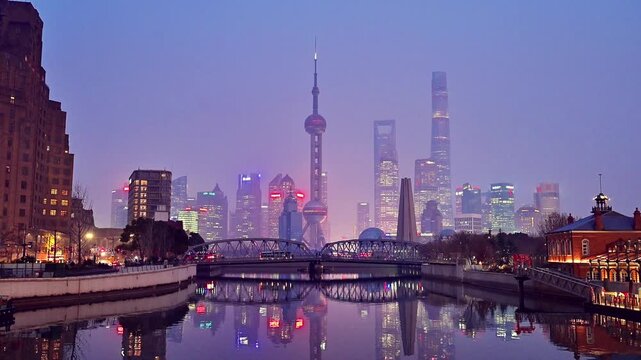 Shanghai city skyline and Oriental Pearl Tower in Lujiazui district with urban traffic and New Year atmosphere, China