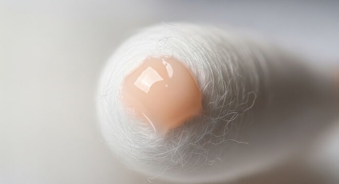 Extreme close-up of a single cotton bud tip with a drop of translucent, light orange earwax against a soft white background