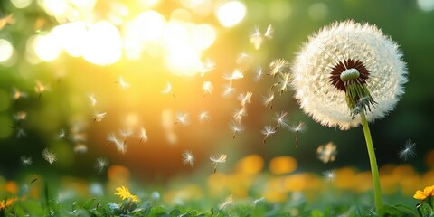 A dandelion seed head floats through the air against a blurred green background illuminated by warm sunlight.