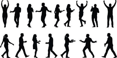 Human body language silhouettes vector set, men women walking talking celebrating expressive gesture poses © Creative Art