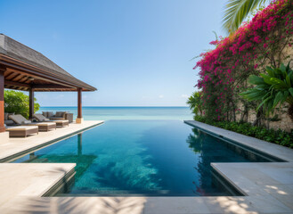 Fototapeta premium Infinity pool with ocean view next to a modern gazebo. Tropical paradise retreat for luxury travel and relaxation. Serene outdoor vacation scene.