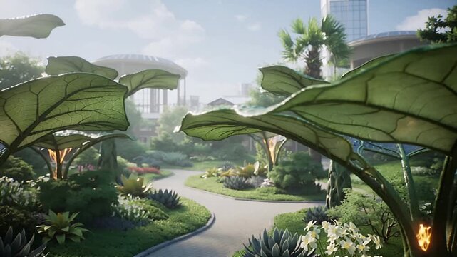 A serene city park with large tropical plants and a winding path through lush greenery and modern skyscrapers in the background under a cloudy sky