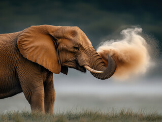 An elephant uses its trunk to create a cloud of dust in a peaceful grassy landscape.