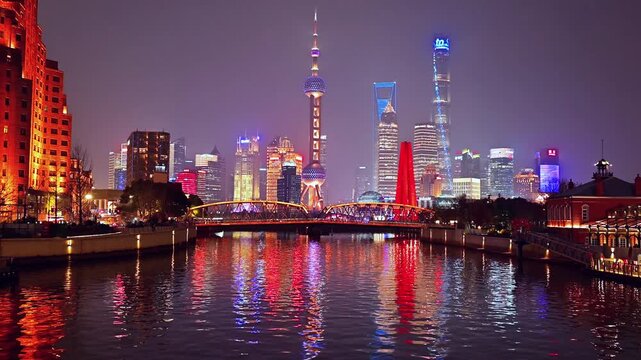 Shanghai city skyline and Oriental Pearl Tower in Lujiazui district with urban traffic and New Year atmosphere, China
