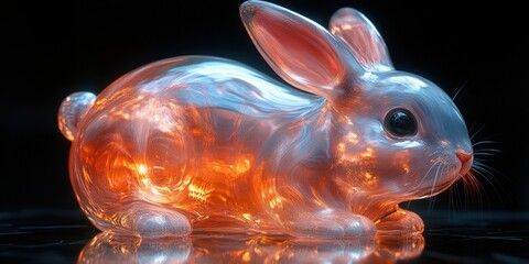 A translucent rabbit figurine with a glowing orange hue rests on a reflective surface.