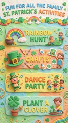Fototapeta premium St. Patrick's Day activity poster featuring Rainbow Hunt, Crafts, Dance Party, and Planting a Clover