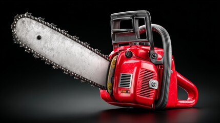Naklejka premium Red chainsaw with a metallic blade positioned on a dark surface, showcasing detailed components and a sleek design, ideal for outdoor and industrial applications