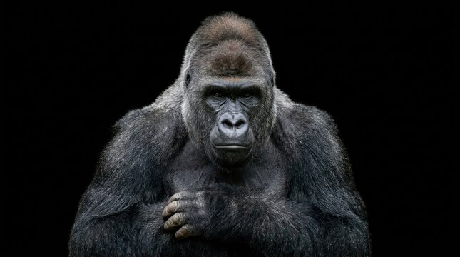 Gorilla Portrait Against Dark Background Studio.
